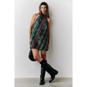 Free People Cityscape Mini Dress Plaid Print Halter Backless Cotton L NWT 285535